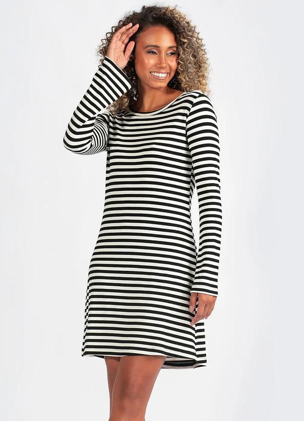 Vestido Curto com Mangas Longas em Viscose Listrado