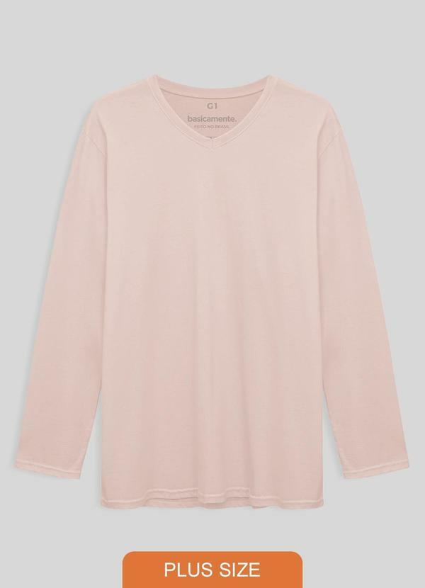 Camiseta Básica Gola V Manga Longa Plus Rosa