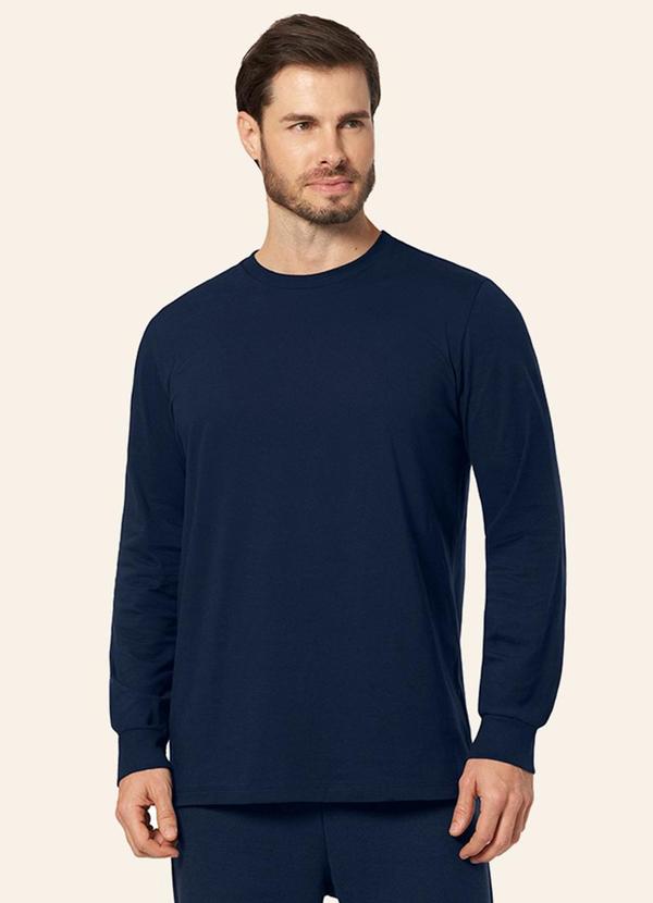 Camiseta Manga Longa Meia Malha Básico Azul