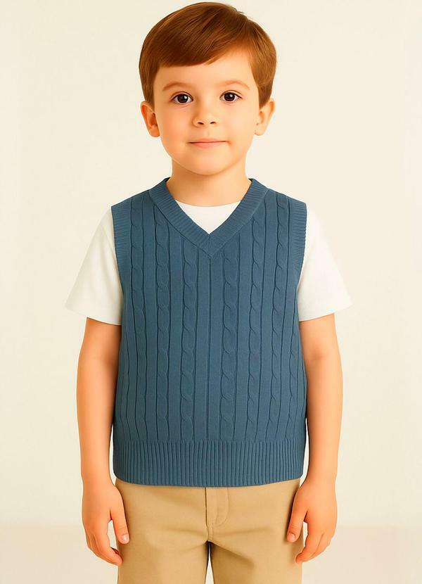 Vista 2 Colete Infantil Tricot com Decote V Azul