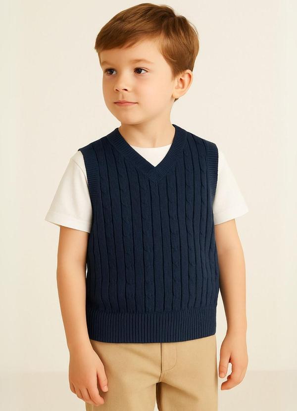 Vista 2 Colete Infantil Tricot com Decote V Marinho