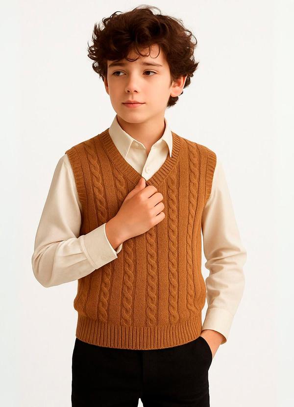 Vista 2 Colete Infantil Tricot com Decote V Marron