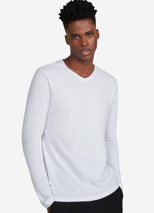 Camiseta Básica Gola V Manga Longa Branco