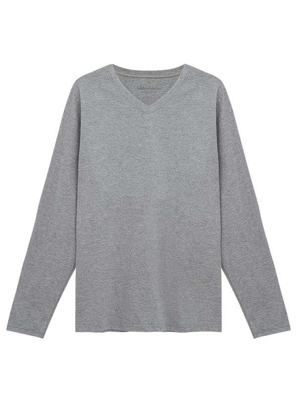 Camiseta Básica Gola V Manga Longa Mescla Claro