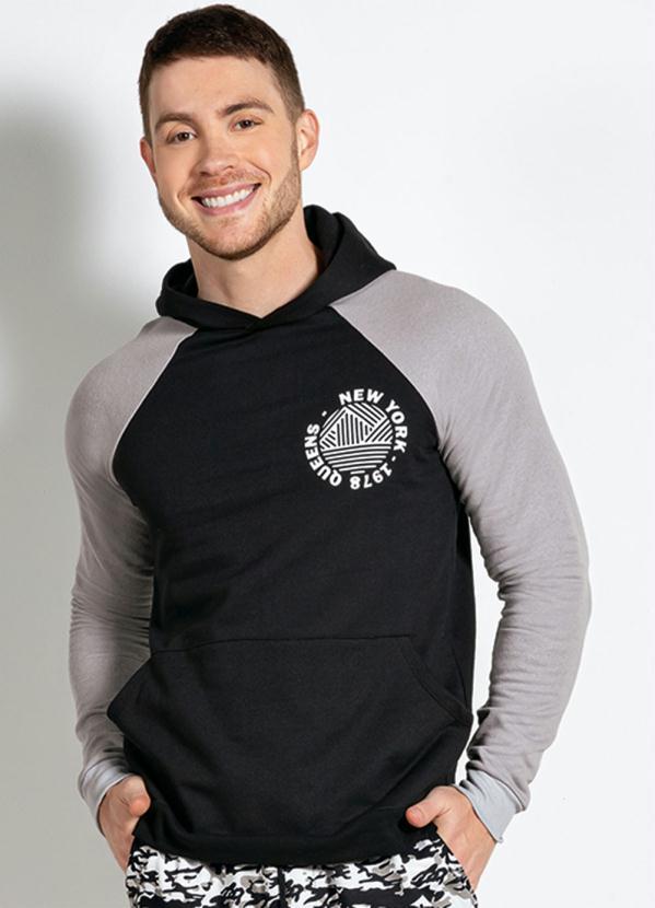 Vista 2 Casaco com Capuz e Bolso Cinza e Preta Moda Pop Moda Pop