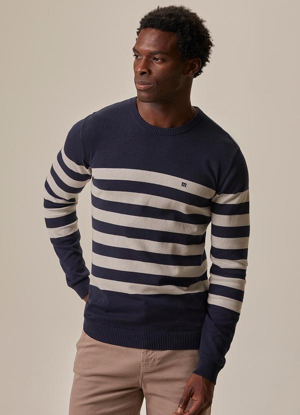 Blusão Suéter Tricot Listrado Azul Marinho