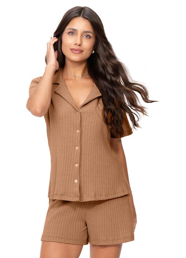 Pijama Americano Feminino Curto Canelado Bege