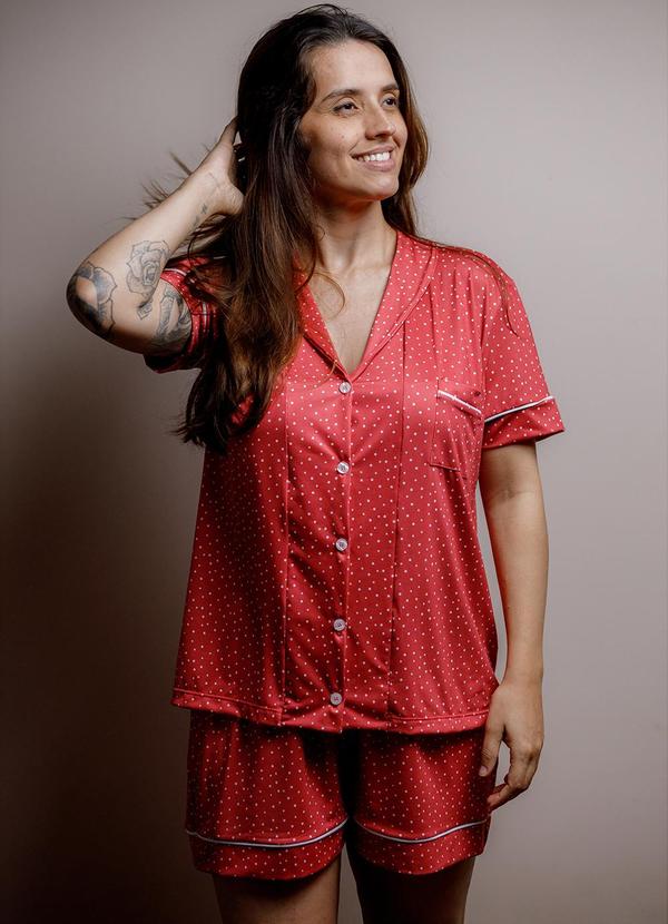 Vista 2 Pijama Americano Malha Fria Vermelho Poá Piante Pijamas Piante Pijamas