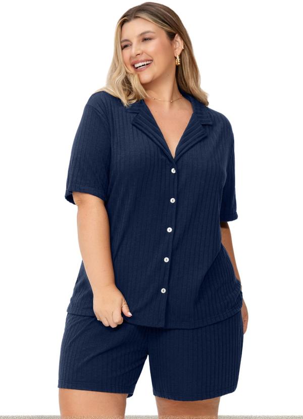 Pijama Americano Plus Curto Canelado Azul