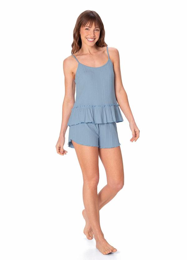Pijama Curto em Malha Canelada Azul Pastel