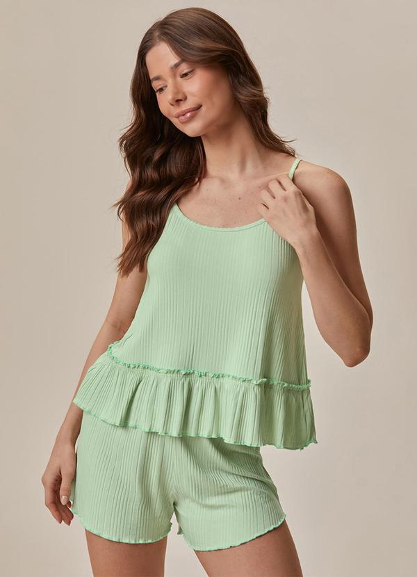 Pijama Curto em Malha Canelada Verde Menta