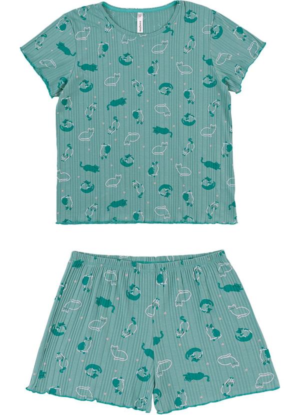 Vista 2 Pijama Curto Gatinhos em Viscose Canelada Verde Malwee Malwee