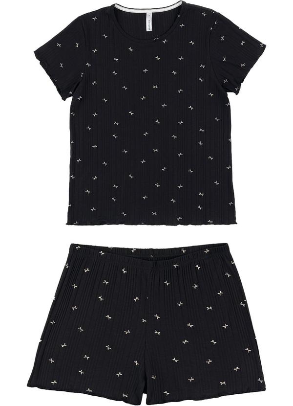 Vista 2 Pijama Curto Lacinhos em Viscose Canelada Preto Malwee Malwee