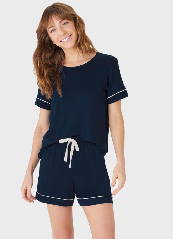 Pijama em Malha Essence com Laço Azul Marinho