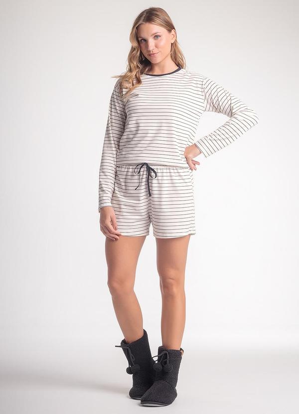 Pijama Feminino Manga Longa com Short Off White
