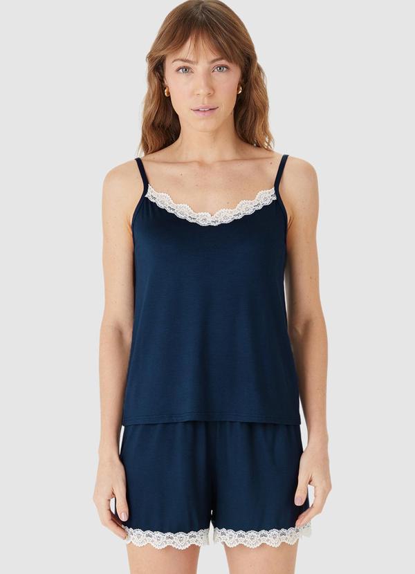 Vista 2 Pijama Justo com Renda Azul Marinho Malwee Malwee