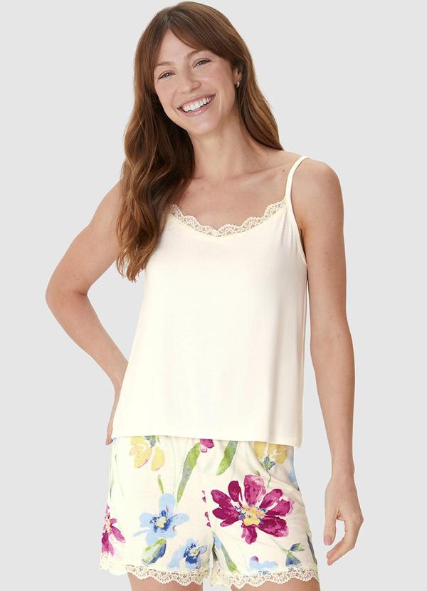 Vista 2 Pijama Justo Floral com Renda Off White Malwee Malwee