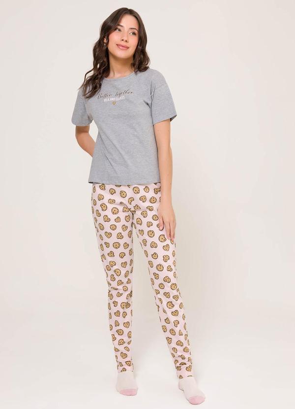 Pijama Manga Curta com Calça Mescla e Rosa