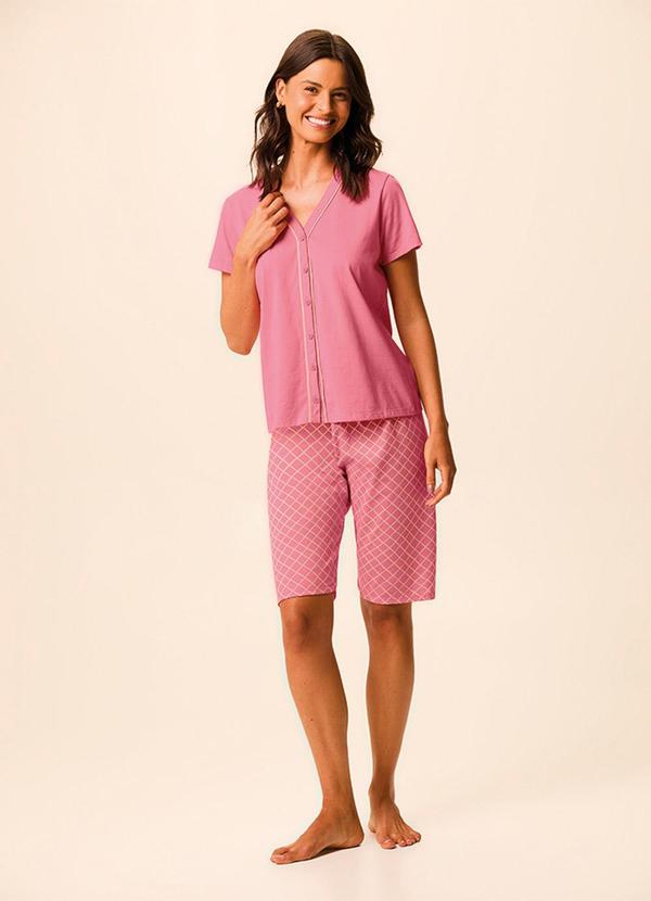 Pijama Quadriculado em Malha Rosa