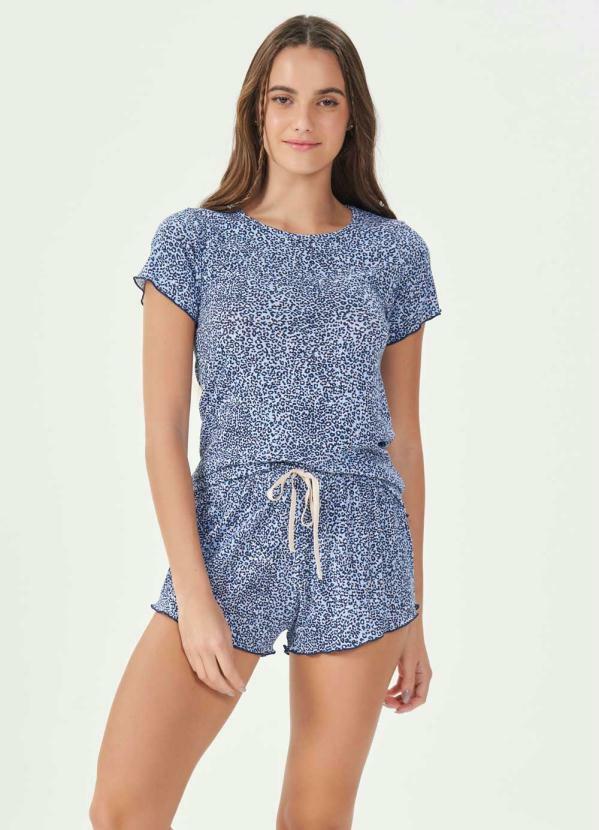 Vista 2 Short Doll Manga Curta Azul Espaço Pijama Espaço Pijama