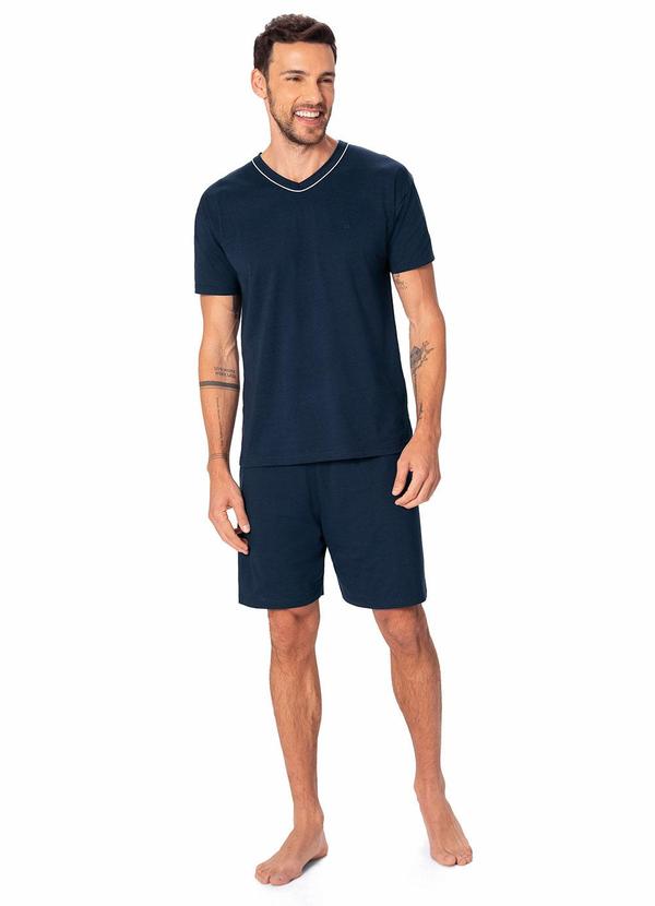 Pijama Curto com Bordado Azul Marinho