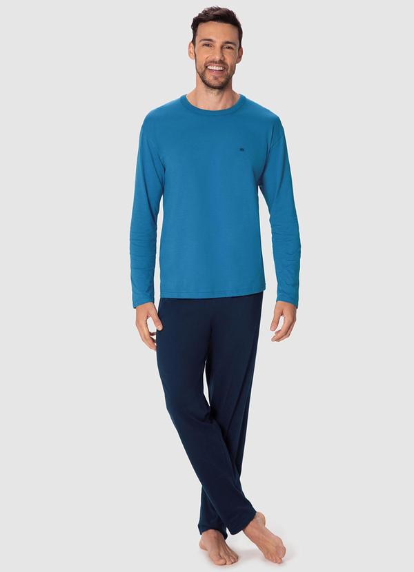 Pijama Longo com Bordado Azul