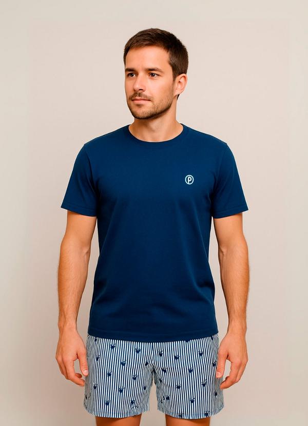 Pijama Masculino Manga Curta Algodão Azul