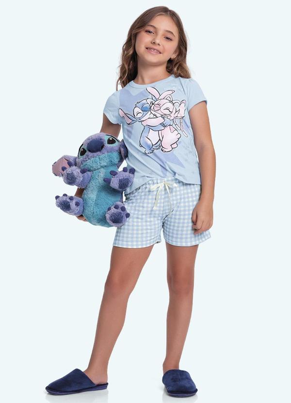 Vista 2 Conjunto Pijama Blusa e Short Lilo & Stitch Azul Fakini Kids Fakini Kids