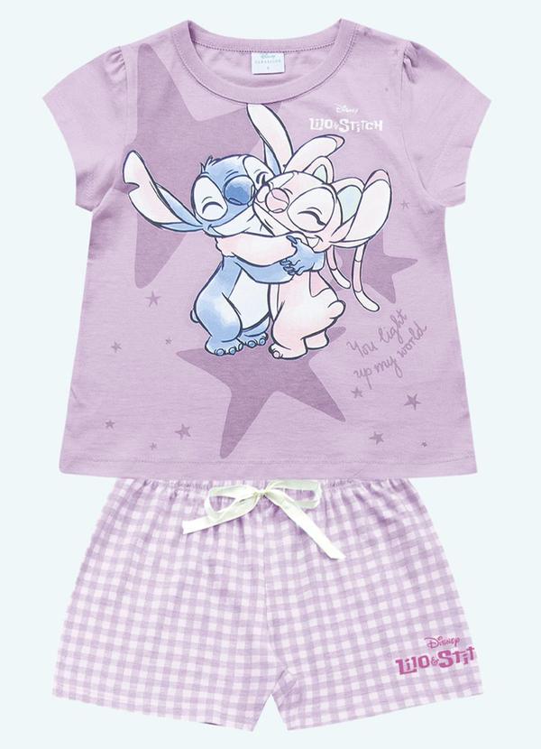 Vista 2 Conjunto Pijama Blusa e Short Lilo & Stitch Roxo Fakini Kids Fakini Kids