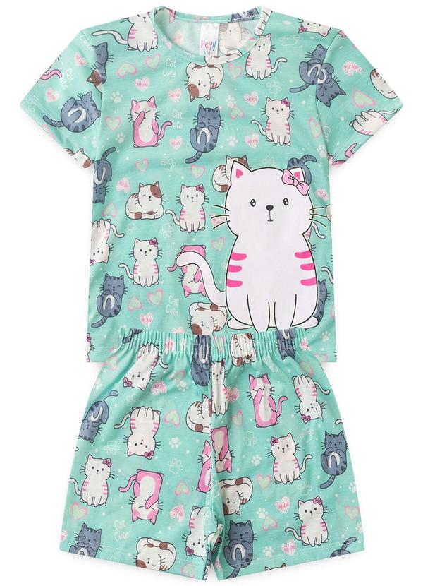 Vista 2 Pijama Feminino Verão Gatinho Verde Atelie Da Crianca Atelie Da Crianca