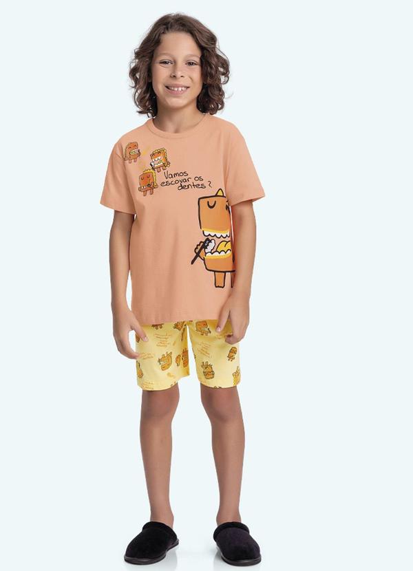 Vista 2 Conjunto Pijama Camiseta e Bermuda Laranja Fakini Kids Fakini Kids