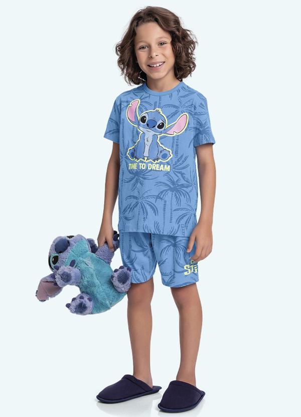 Vista 2 Pijama Camiseta e Bermuda Lilo & Stitch Azul Fakini Kids Fakini Kids