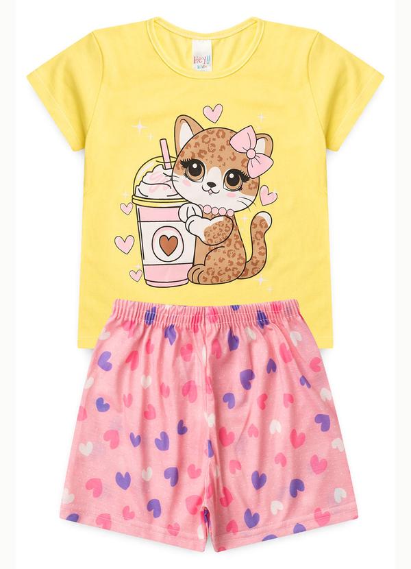 Pijama Feminino Verão Gata Onça Amarelo