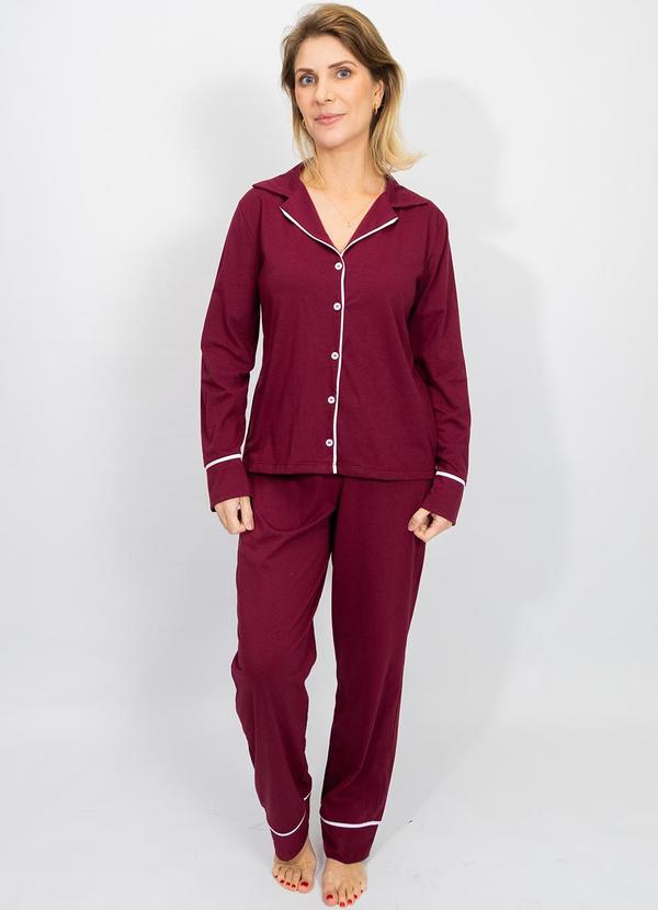 Vista 2 Pijama Americano Longo Algodão Filete Bordô Piante Pijamas Piante Pijamas