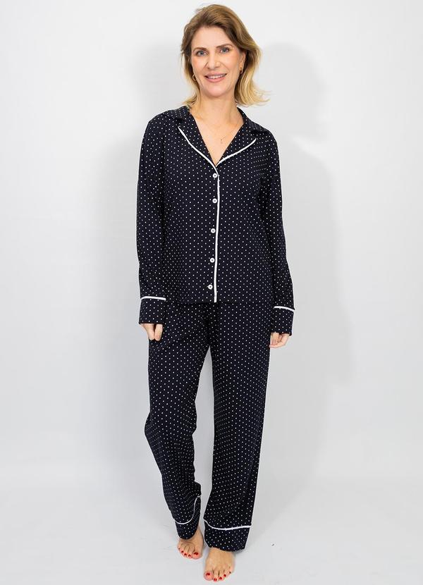 Vista 2 Pijama Americano Longo Algodão Filete Poá Preto Piante Pijamas Piante Pijamas