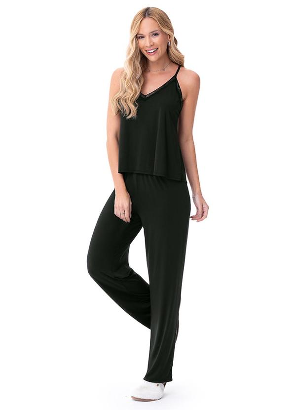 Pijama Feminino de Alça com Renda Preto
