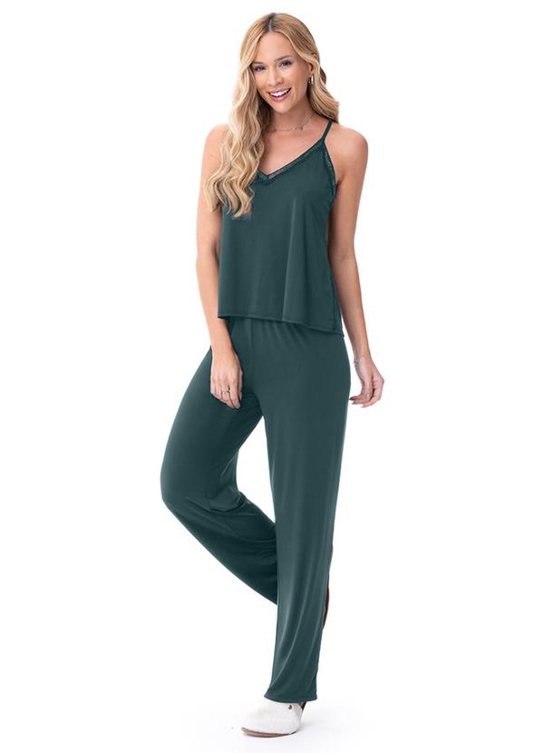 Pijama Feminino de Alça com Renda Verde