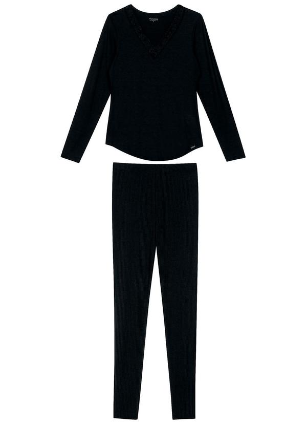 Vista 2 Pijama Feminino Longo com Renda Preto Marialícia Marialícia