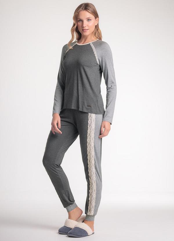 Pijama Feminino Manga Longa com Calça Cinza