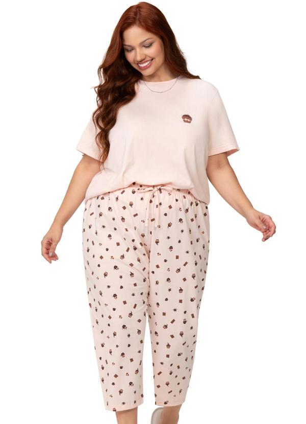 Pijama Feminino Plus Blusa Manga Curta Rosa