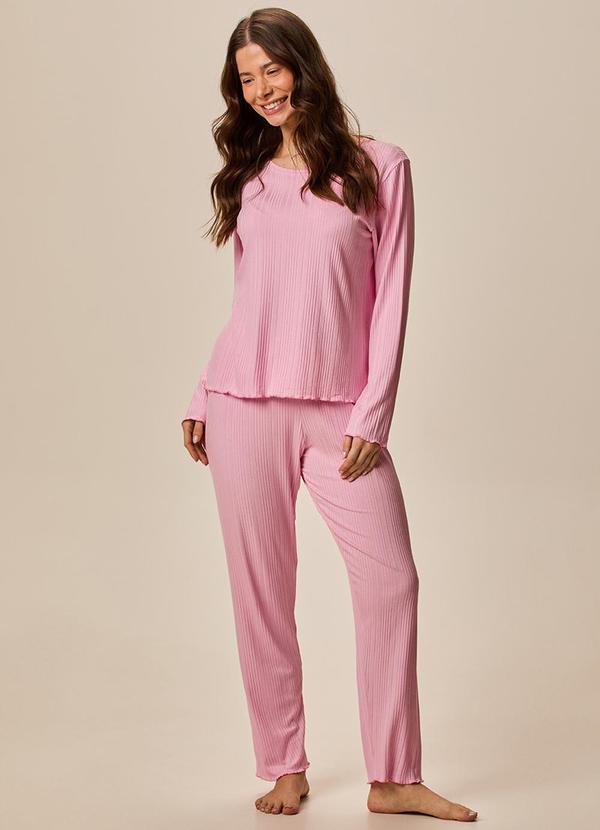 Pijama Longo em Malha Canelada Rosa