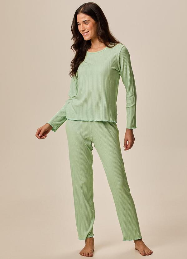 Pijama Longo em Malha Canelada Verde Menta