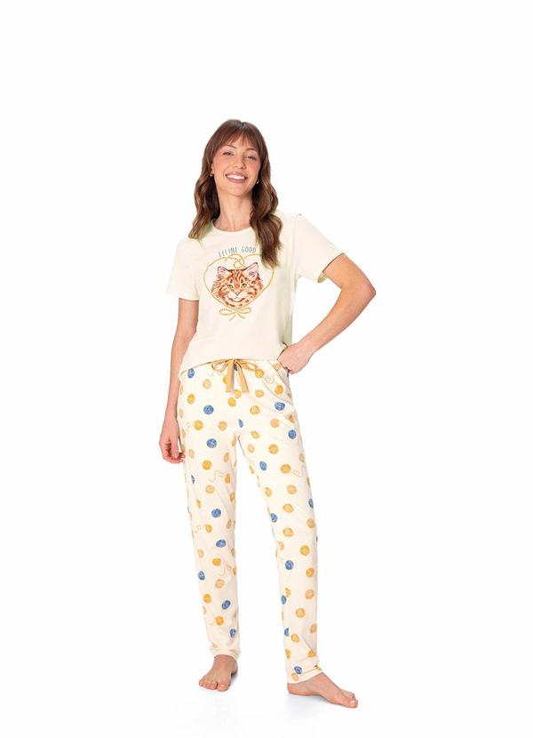 Pijama Longo Gato Off White