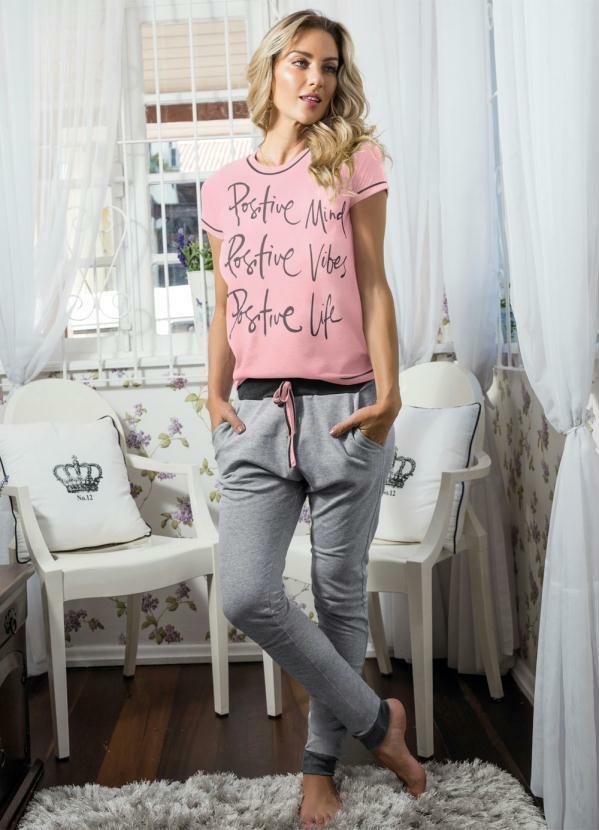 Pijama Longo Rosa e Mescla