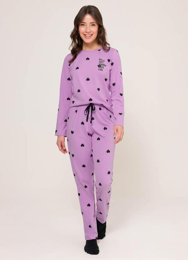 Pijama Manga Longa de Corações Rosa