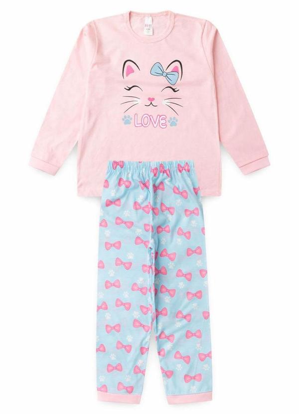 Pijama Feminino Inverno Gatinha Coração Rosa