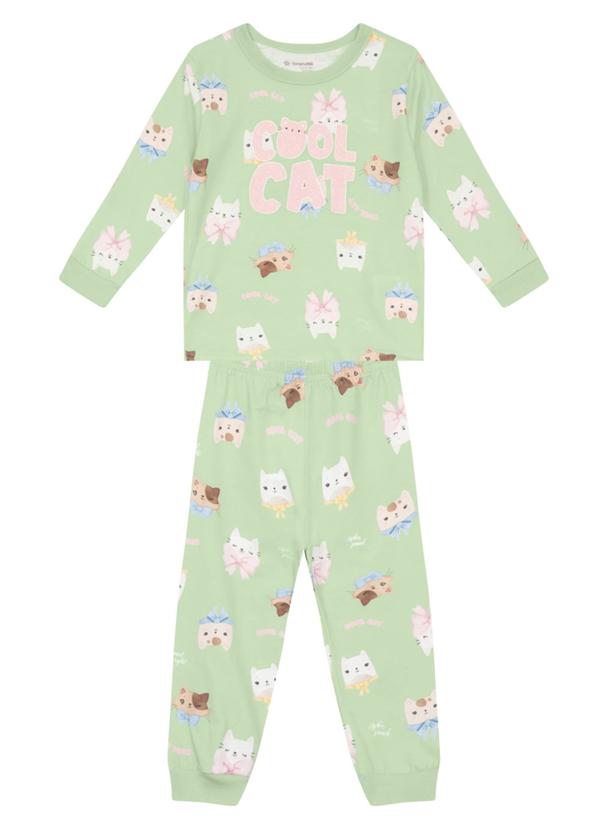 Pijama Infantil Gatinho Brilha no Escuro Verde