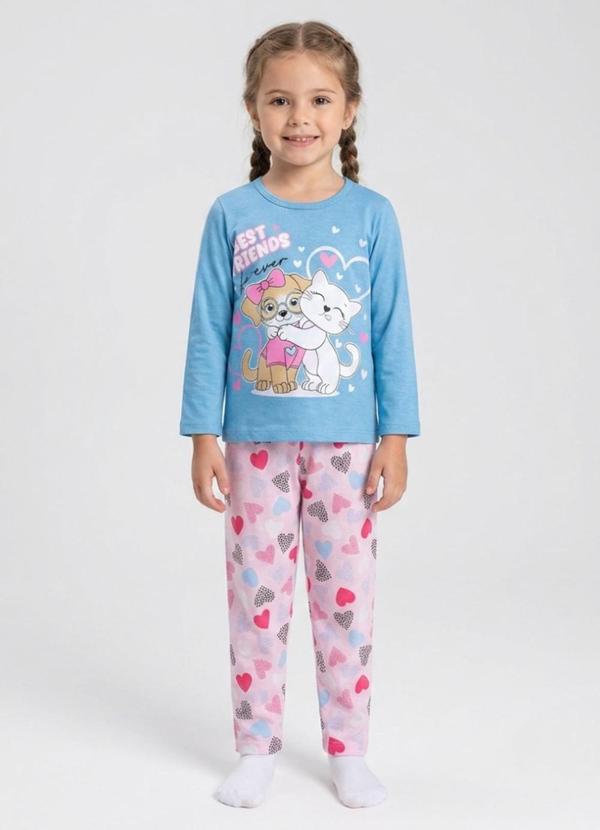 Pijama Menina Manga Longa Meia Malha Azul