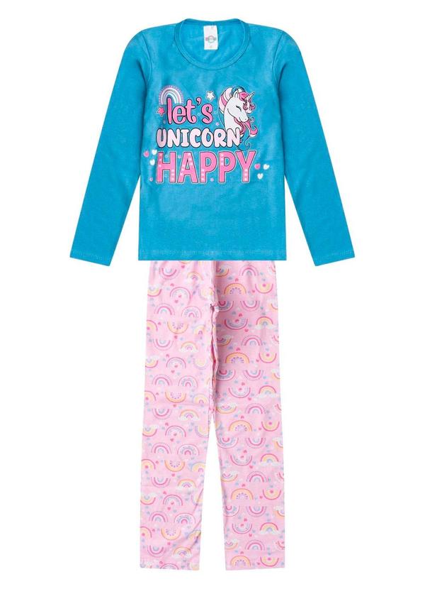 Pijama Menina Manga Longa Meia Malha Azul