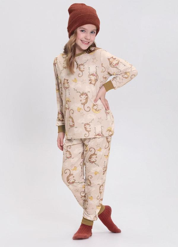 Vista 2 Pijama Unissex Estampado com Blusa e Calça Bege Alakazoo Alakazoo
